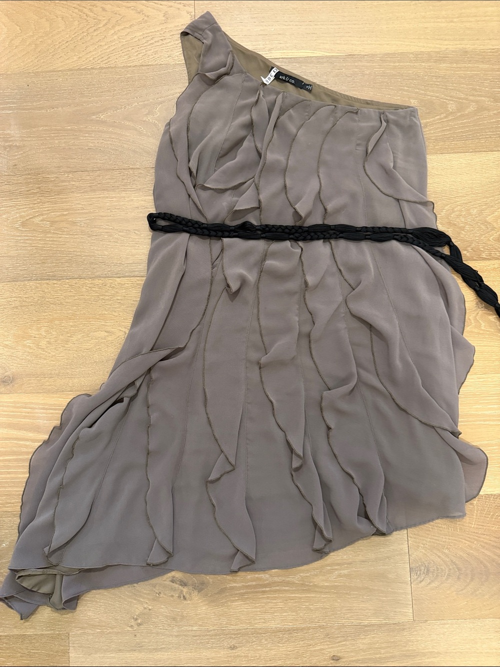 Ark & Co One-Shoulder Ruffle Dress in Taupe with Black Belt